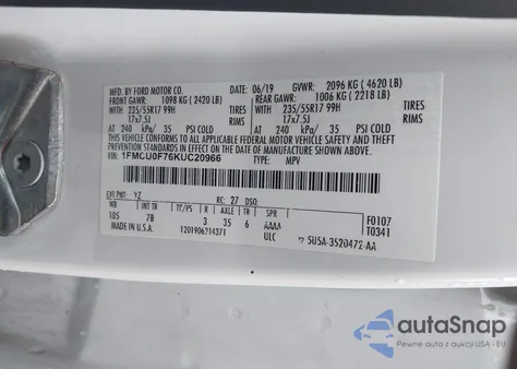 2019 Ford Escape S из США, поврежденный, VIN 1FMCU0F76KUC20966